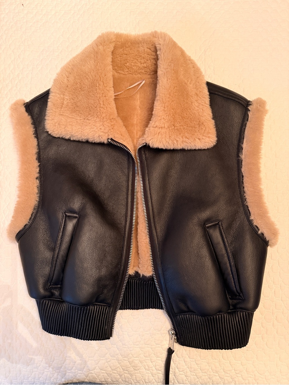 Black faux Leather Shearling-Lined Vest with Tan Fur Collar